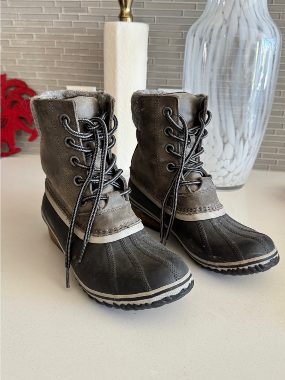 Sorel Women's Slimpack II Lace waterproof boots in Quarry/Black duck boots